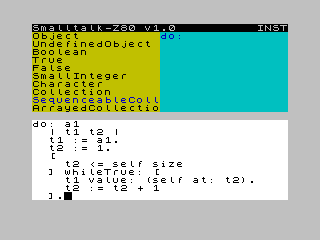 Smalltalk-Z80 Browser showing classes and a method editor